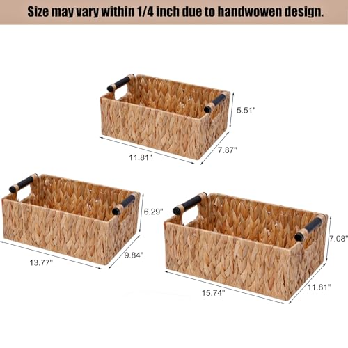 Storage Baskets 3 Pack Storage Baskets for Organizing Toys,Handwoven Storage Bins for Nursery,Natural Water Hyacinth Baskets for Organizing with Wooden Handles