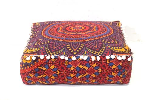 CRAFT KALA Large Hippie Mandala Meditation Floor Ottoman Pillow Cushion Pouf Cover Square Poufs Bohemian Circle Floor Cushion Case Outdoor Fireplace Yoga Living Room Decor Cover New Orange, 16" Square - color: New Orange, size: 16"D x 16"W x 5"H