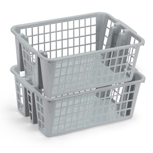 Plastic Storage Basket, 13L Bathroom Storage Organizer Bin for Laundry Closet, Pantry or Office with Built In Handles,Gray (2 Pack)