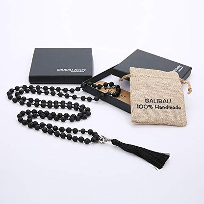 108 Mala Beads Necklace Semi-Precious Gem Stones Meditation Necklace 108 Hand Knotted Japa Mala Beaded Tassel Necklace with Tree of Life Pendant - color: Natural Lava Stone