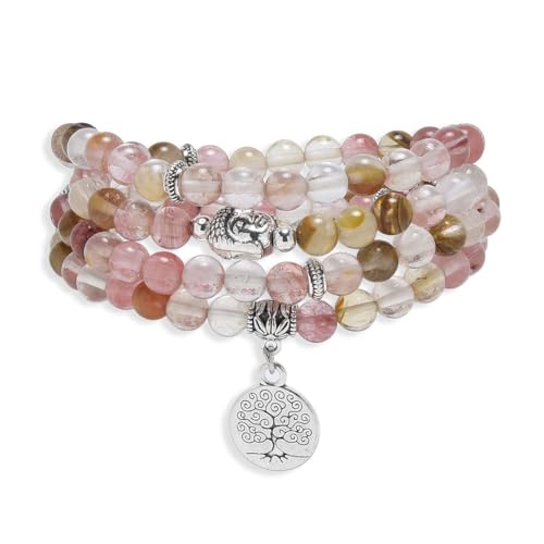 Tree of Life Charm Bracelet or Necklace - 108 Buddha Beads, Handmade Mala Meditation Jewelry, Prayer Beads for Yoga - style: Watermelon Tourmaline