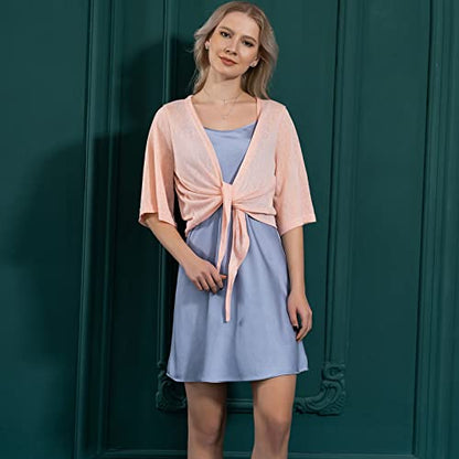 Shiyifa Women's Shrugs 3/4 Sleeve Open Front Cardigan Lightweight Tie Front Bolero Shrug - color: Pink, size: Large