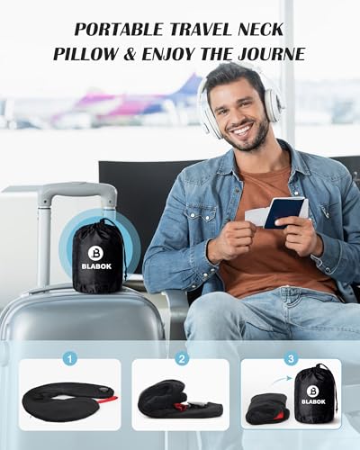 Patented Design Inflatable Travel Neck Pillow – Airplane Neck Pillow with 360° Head & Neck Support, Soft Washable Velvet Cover, Compact Neck Support Pillow for Airplane,Train,Car,Office & Home (Black) - color: Black