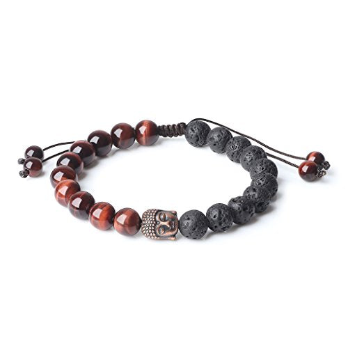 COAI Mens Womens Stone Buddha Head Prayer Bracelet - style: Red Tiger Eye & Lava