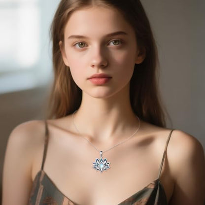 YFN Lotus Necklace for Women 925 Sterling Silver - Moonstone Lotus Flower Pendant - Spiritual Yoga Jewelry Gift - Dainty Silver Necklace for Meditation, Healing, & Everyday Wear - Adjustable 18+2" Chain