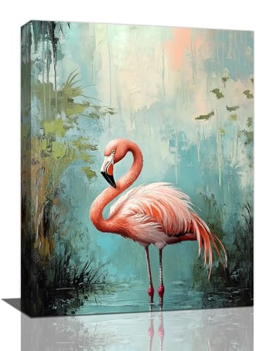 Olivine Flamingo Wall Art, Pink Flamingos Pictures Wall Decor, Tropical Animal Painting Wildlife Canvas Prints, Framed Artwork for Living Room Bedroom Bathroom Office Home Decoration 16"x12" - color: Flamingo, size: 16"L x 12"W