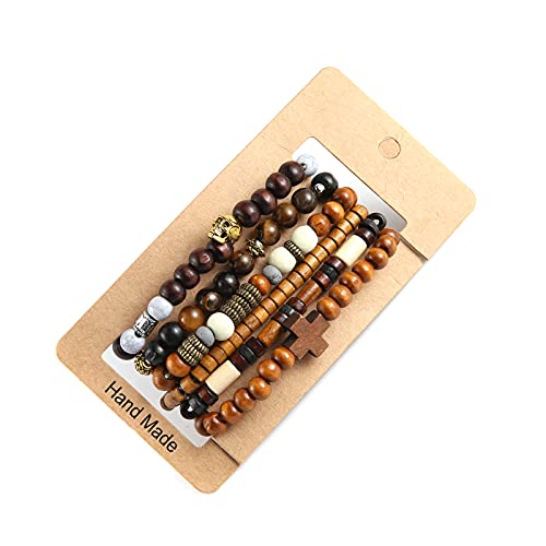 HZMAN Wrap Bracelets Men Women, Hemp Cords Wood Beads Ethnic Tribal Bracelets, Leather Wristbands - style: Skull & Wooden Cross