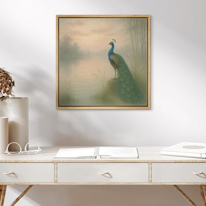 SIGNWIN Framed Canvas Print Wall Art Elegant Peacock by Misty Lake Serene Nature Illustrations Fine Art Farmhouse/Country for Living Room, Bedroom, Office - 16"x16" NATURAL - color: BS18-2507-SAR10, size: 16L" x 16W"