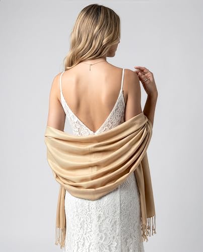Achillea Lightweight Pashmina Scarf for Women – Soft Silky Shawl Wrap for Evening Dresses, Bridesmaids & Everyday Wear - color: Champagne