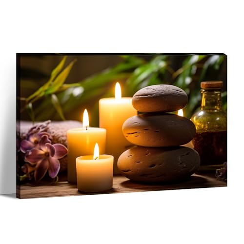 KPLUNDO Zen Canvas Wall Art - Bathroom Wall Decor Candle with Spa Stones Picture Meditation Relax Artwork for Yoga Spiritual Room Decor Frame(Art-4,12.00x18.00 inch)