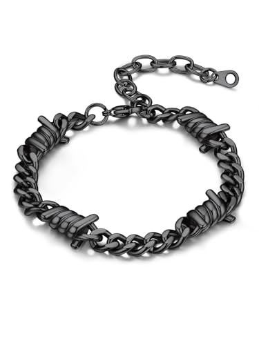 Bandmax Barbed Wire Chain Bracelets for Men Women Stainless Steel/Black/Gold Thorn Cuban Link Bracelet Adjustable Punk Emo Style Jewelry Gift - color: 08 7MM-Black Plated
