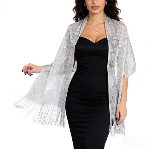 Sumolux Shawls Wraps for Evening Dresses Metallic Glitter Shawls Scarf for Women Sparkling Wedding with Free Buckle - color: Silvery