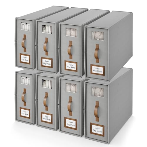 8 Pack Bed Sheets Organizers And Storage,Sheets Set Folder Keeper with Handle,Foldable Bedding Storage Box For Linen Closet,Duvet Cover(Cal King Size-5.2 Gal,Gray) - color: Gray, size: 8 Pack-Cal King Size-5.2 Gal