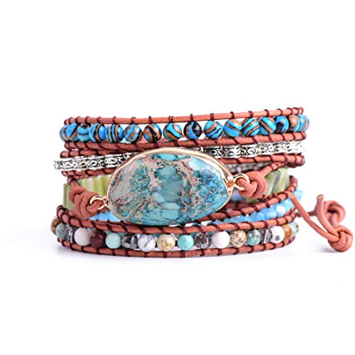 YGLINE Boho Handmade Natural Stone Wrap Bracelets Jasper Crystal Beads Bracelet Jewelry - color: green