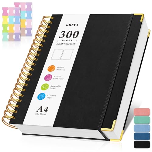 Blank Spiral Notebook: Sketch Book 8.5" X 11", Hardcover Sketchbook, 300 Pages Leather Unlined Notebook for Women Men,100GSM Thick Paper Journal, A4 Large Art Sketchbook for Drawing Writing Work,Black - color: Black, size: A4