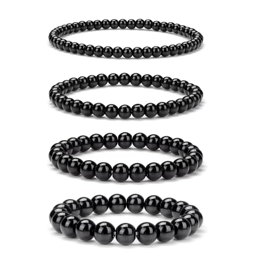 4pcs Beaded Bracelets for Women,Natural Healing Crystal Gemstones Bracelet,Anxiety Stress Relief Bracelet Handmade purple Jewelry Gifts for Women - color: Black Obsidia