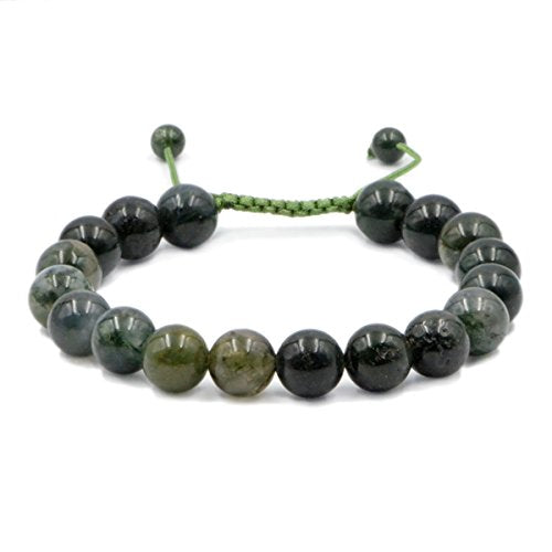 AD Beads Natural 10mm Gemstone Bracelets Healing Power Crystal Macrame Adjustable 7-9 Inch - color: Moss Agate