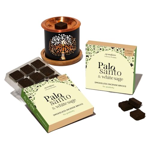 Palo Santo & White Sage Smokeless Incense Bricks & Tree of Life Burner | 2x9 Bricks | Aromatherapy | Essential Oils Based | Natural Air fresheners for Home | Spiritual Smudging Meditation Accessories