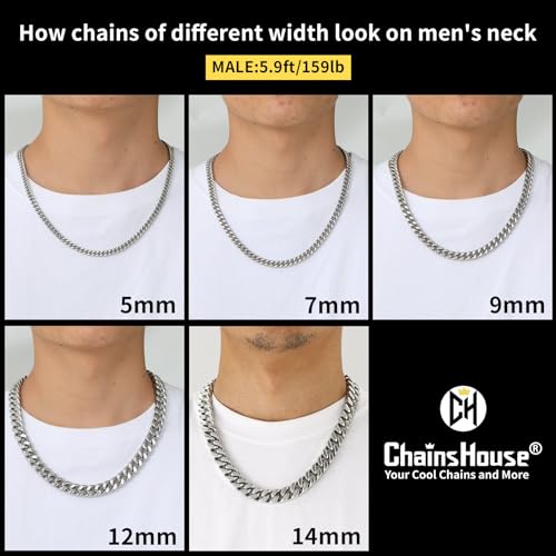 ChainsHouse Stainless Steel Mens Cuban Link Chain, Black/ 18K Gold Plated Miami Cuban Chain Necklace, 5mm/7mm/9mm/12mm/14mm Width, No Tarnish& Durable Hip Hop Mens Jewelry, 18"-30", Send Gift Box - color: a. 9mm width-steel, size: 22 inches