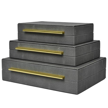 Faux Shagreen Decorative Storage Boxes – Set of 3 Stackable Jewelry Organizers with Gold Metal Handles & Velvet Lining, Modern Grey Box for Vanity, Entryway & Coffee Table Décor