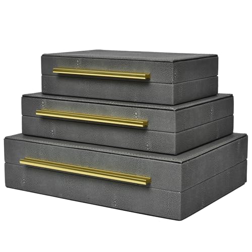 Faux Shagreen Decorative Storage Boxes – Set of 3 Stackable Jewelry Organizers with Gold Metal Handles & Velvet Lining, Modern Grey Box for Vanity, Entryway & Coffee Table Décor