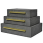 Faux Shagreen Decorative Storage Boxes – Set of 3 Stackable Jewelry Organizers with Gold Metal Handles & Velvet Lining, Modern Grey Box for Vanity, Entryway & Coffee Table Décor