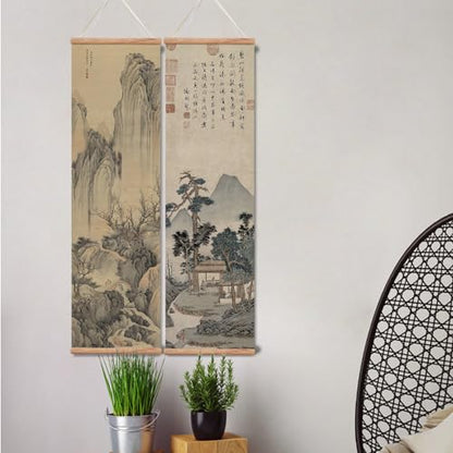 xinyuru Chinese Ancient Landscape Wall Art Poster,Tradition Canvas Printing,Oak Wood Scroll Painting Decor for Bedroom Living room (Landscape 01, 12”x41”x3 Piece)