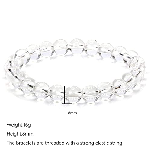Natural Gemstones Bracelet 8mm Chakra Round Beads Energy Power Crystal Reiki Healing Elastic Stretch 7 Inch for Women Men Unisex - color: Rock Crystal