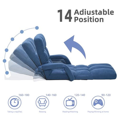 Adjustable Floor Gaming Chair for Adults with Armrests & Adjustable Footrest, 14-Position Folding Chaise Lounge Sofa for Living Room, Bedroom, Balcony (Blue) - color: Blue