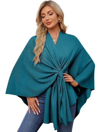PULI Women's Elegant Shawl Wraps Soft Open Front Poncho Sweater for Spring Fall Winter - color: Front Tab-dark Cyan