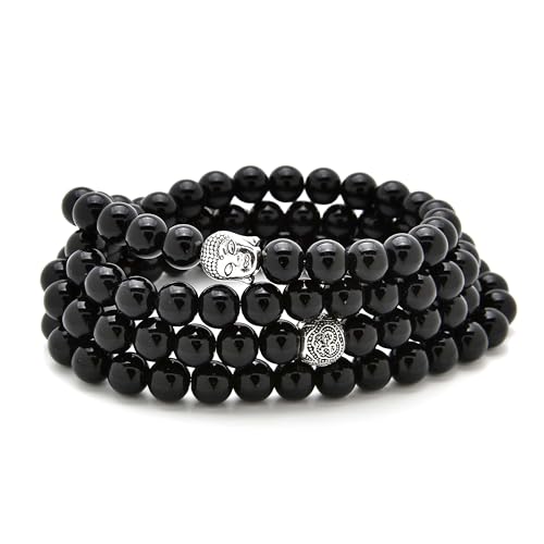 Buddha Charm Meditation Jewelry of 108 Mala Prayer Beads Bracelet or Necklace - style: Black Agate