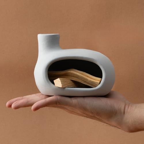 MOUGIGI Terracotta Palo Santo Holder - Modern Incense Burner, Cone Burner, Tabletop Fireplace - Purify and Energize Your Home with Fragrant Palo Santo Wood, Sage - Perfect for Meditation and Yoga - color: Matte Clay - Brown Gray