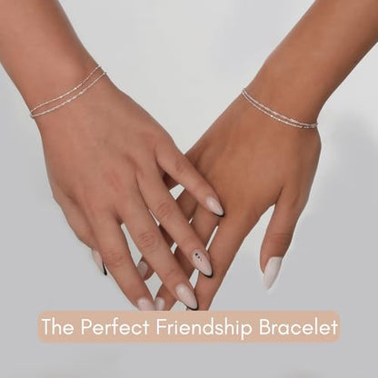 Double Stranded Sterling Silver Bracelet for Women, Dainty Waterproof Chain Bracelet for Women, Teen (Twirl & Satellite Chains)