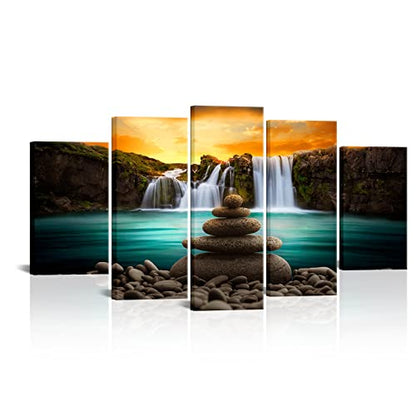 FuShvre Zen Wall Art Canvas Waterfall Pictures Teal and Orange Art for Zen Meditation Room Wall Decor Framed Large Size