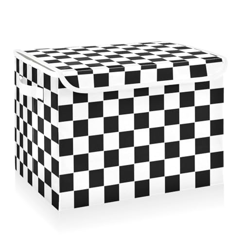 CaTaKu Large Fabric Storage Bins With Lids,Checkered Racing Flag Storage Boxes With Handles for Organizing Clothes, Collapsible Decorative Storage Cube Bins Baskets for Shelves - color: Checkered Black