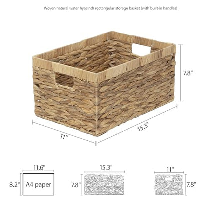 Woven Natural Water hyacinth Rectangular Storage Baskets with inside Handle,Kingwillow(Large) - size: Large