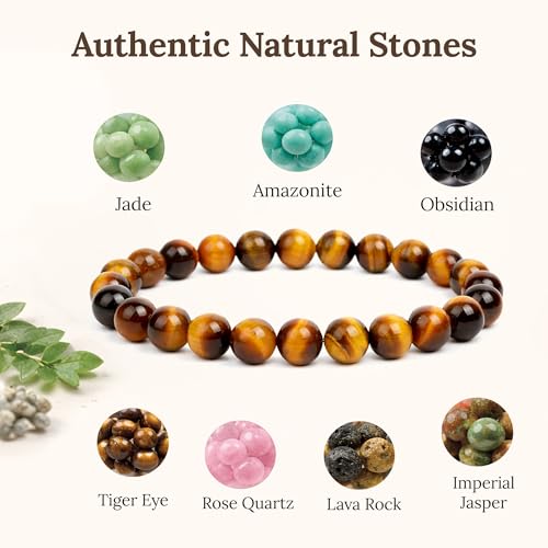 Elm City Direct 8mm Natural Stone Beaded Bracelet – Unisex Crystal Stretch Bracelets for Men & Women, Chakra & Healing Jewelry, Gift-Ready Beaded Bracelets - color: Tigers Eye