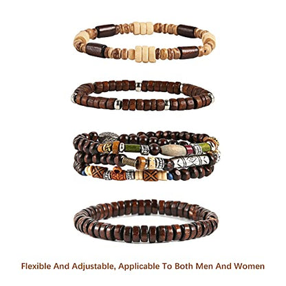 HZMAN Wrap Bracelets Men Women, Hemp Cords Wood Beads Ethnic Tribal Bracelets, Leather Wristbands - style: Bohemian