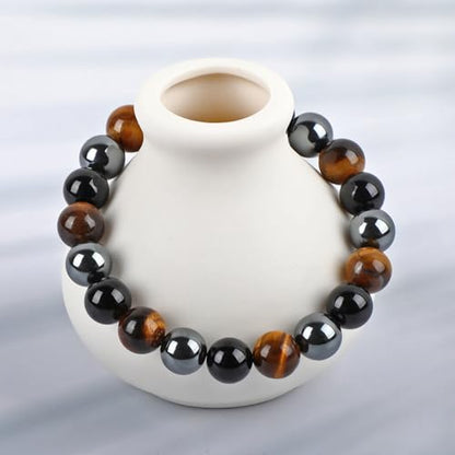 LPBeads Handmade Natural Gemstone Stretch Elastic Bracelet Healing Crystal Round Stone Beads Jewelry Gifts for Women Men - color: Onyx Tiger Hematite Mixed, size: 10mm