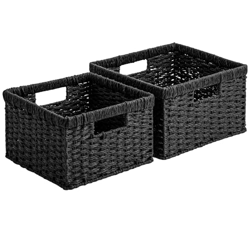 StorageWorks Wicker Basket with Handle, Wicker Storage Baskets for Organizing, Decorative Storage Baskets for Shelves, Paper Rope, Black, 2-Pack - color: Black (Paper Rope), size: 11½"L x 11½"W x 7"H + 9¾"L x 9¾"W x 6½"H