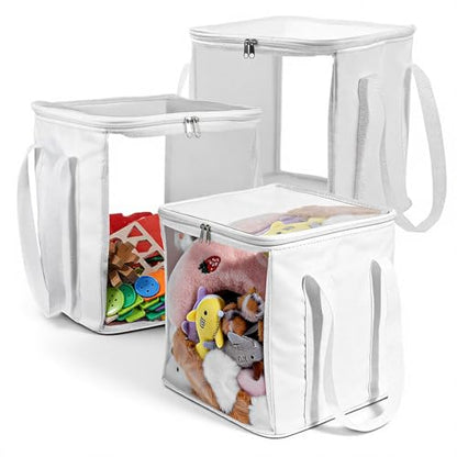 3 Pack Large Storage Bins, Foldable PVC Organizer Box with Transparent Lid & Handles, Multi-Purpose Toy Clothes Books Home Decor Storage (White, 12 Inch)
