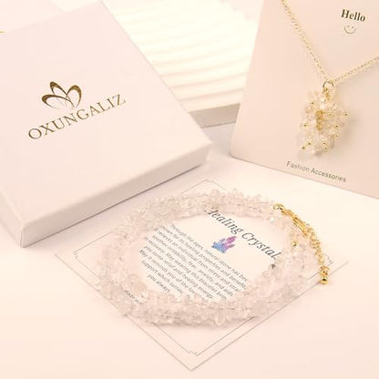 2Pcs Crystal Necklace for Women Handmade Choker Necklaces Pendant Necklace Natural Stone Gemstone Beaded Necklace 18k Gold Plated Adjustable Dainty Necklace for Women - color: Clear Quartz