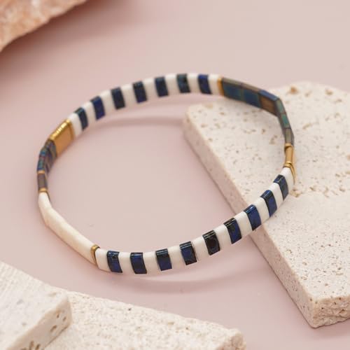 Tila Beaded Stretch Strand Bracelets for Women, Cute Boho Stackable Handmade Colorful Mixed Flat Square Beads Elastic Beach Surfer Bracelet Trendy Jewelry Friend Gift - color: 0901A