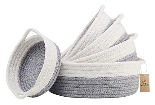 NaturalCozy 5-Piece Round Woven Cotton Rope Storage Baskets for Organizing, Small Shallow Nesting Set for Montessori Toys, Entryway Catchall, Fruit Bowl, Key Tray, Remote Holder, Nursery & Pet Toys - color: Off White & Gray
