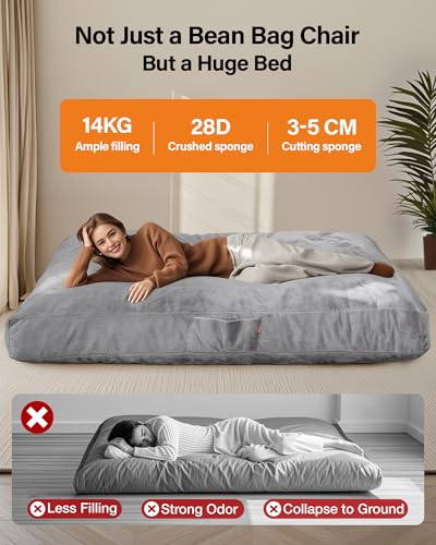 YEFU Bean Bag Chair for Adults: 4-in-1 Convertible Giant Bean Bag Bed, Overstuffed Memory Foam Floor Couch with Two Machine Washable Covers, Large Chair Bed for Living Room Bedroom, Full Grey - size: Full