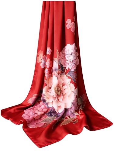 100% Mulberry Silk Oversized Women’s Sun-Shielding Shawl Formal Evening Neckwear Featherlight Airy - color: N11-crimson Peony Scarf（69" X 21"inch）