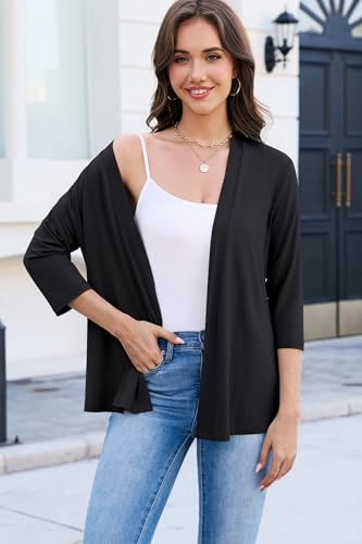 Yekaty 3/4 Sleeve Cardigan for Women Lightweight Thin Open Front Summer Soft Drape Cardigans - color: Black, size: Medium