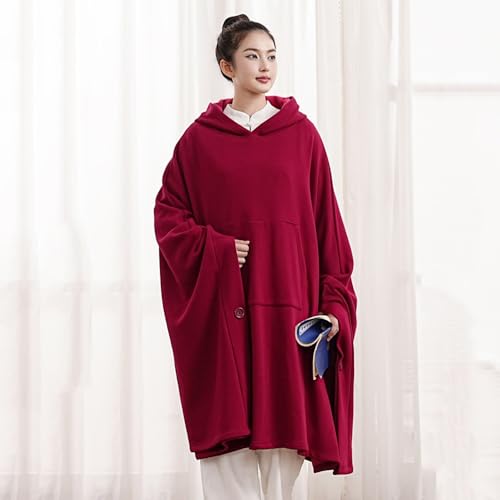 Unisex Meditation Buddhist Hooded Cloak Thickened Warm Loose Coat - color: Wine Red, size: XX-Large