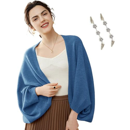 Fuxiqar Wrap Sweater for Women Warm Shawl Blanket Scarf with Sleeves Poncho Pashmina Shall with Two Shawl Clips - color: Blue