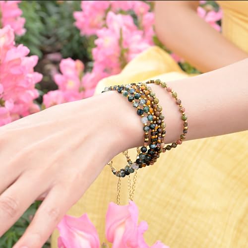 Farfume Beaded Bracelets for Women, Chakra Crystal 4mm Beads Gemstone Natural Stone Bead Spiritual Jewelry Gifts for Women - color: Green Moss Agate-Inner Harmony